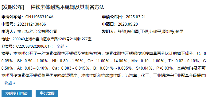 寶武特種冶金有限公司申請(qǐng)“一種鐵素體耐熱不銹鋼及其制備方法”專利